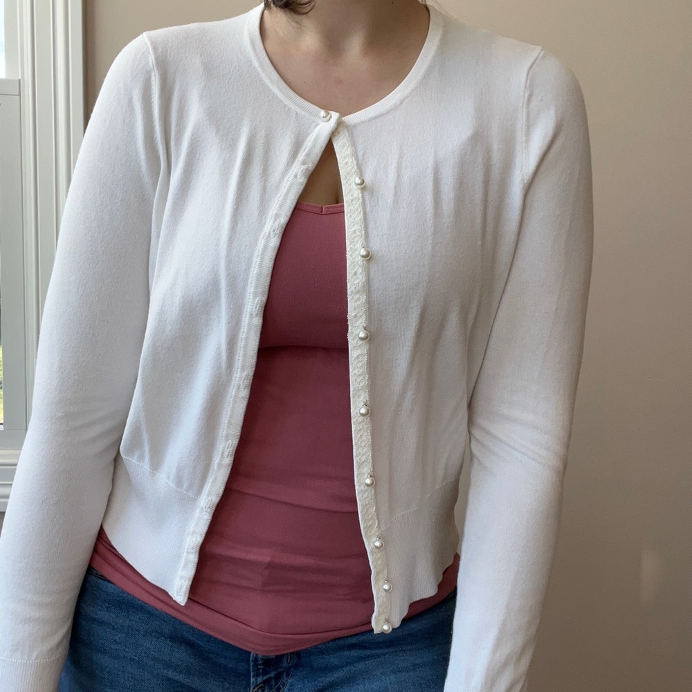 Feminine White Cardigan w/ Pearl Buttons